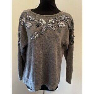 Vintage Dana Scott Sweater Color Gray Embellished Bling Sequins Sz M 80's Angora